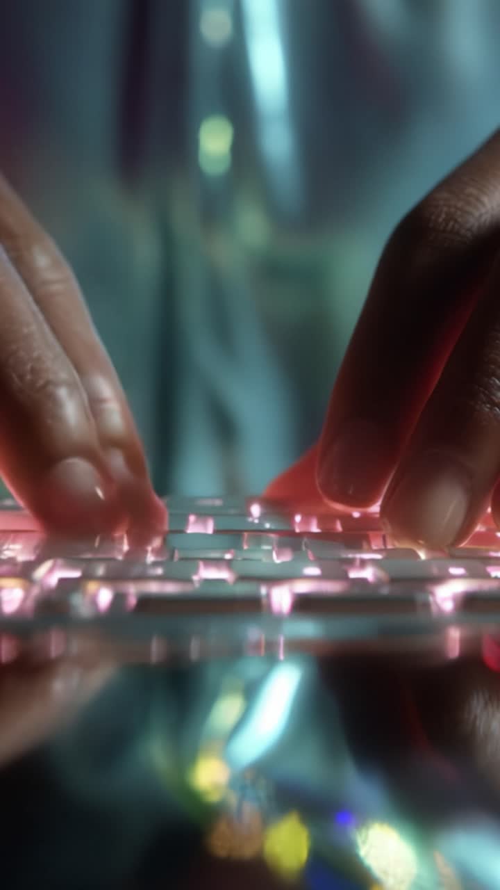 A Close-Up View of Hands Typing on a Glowing Keyboard with Vibrant Reflections and Colors, Capturing the Essence of Digital Connectivity and Technology Interaction