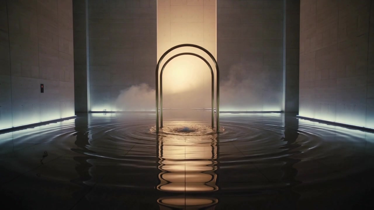 Creando una piccola perturbazione che genera increspature circolari in una vasca poco profonda nella hall, con un doppio arco luminoso.