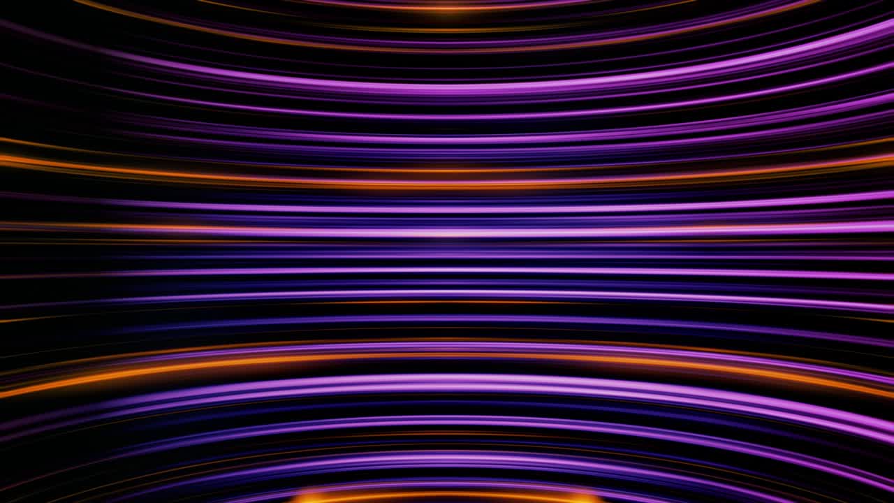 Abstract futuristic orange and purple neon bended lines shimmering on black background, motion graphic design. Animation. Curved 3d flowing horizontal waves, seamless loop