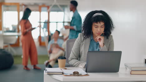 thinking, laptop or black woman working