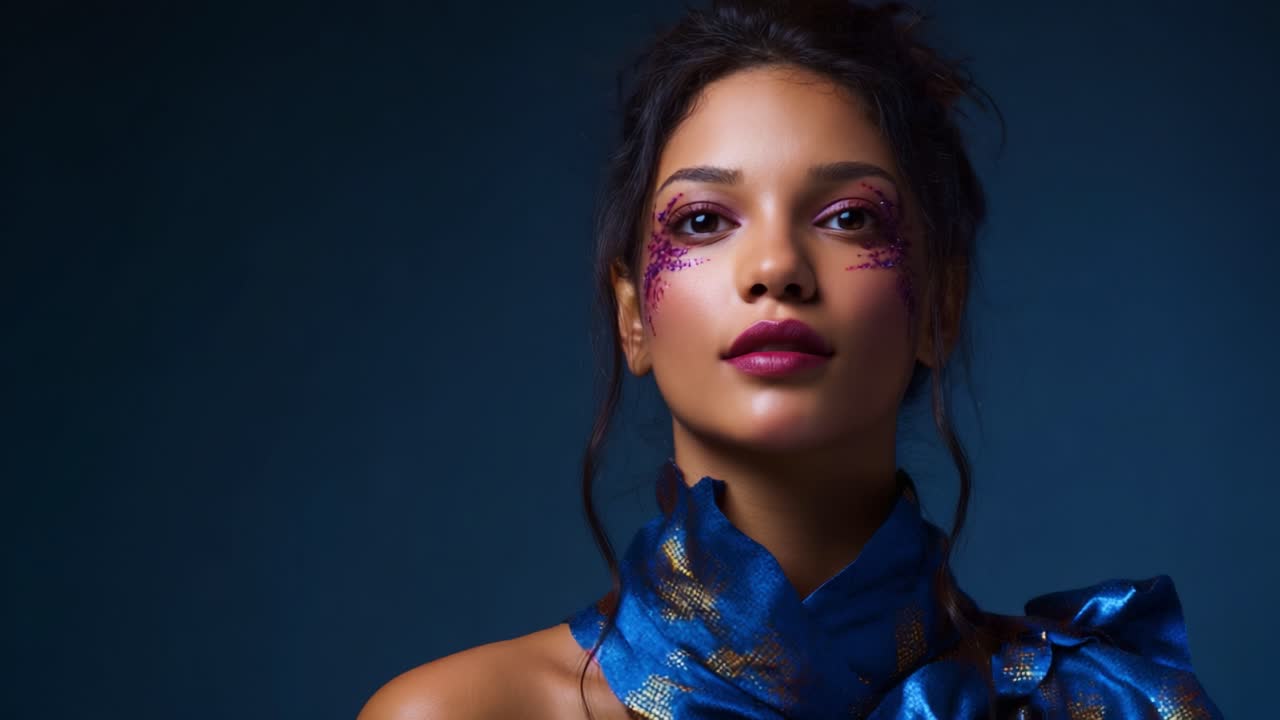 Ritratto accattivante di una donna con trucco audace ed elegante tessuto blu, che mette in risalto colori vivaci e lineamenti sorprendenti su uno sfondo scuro
