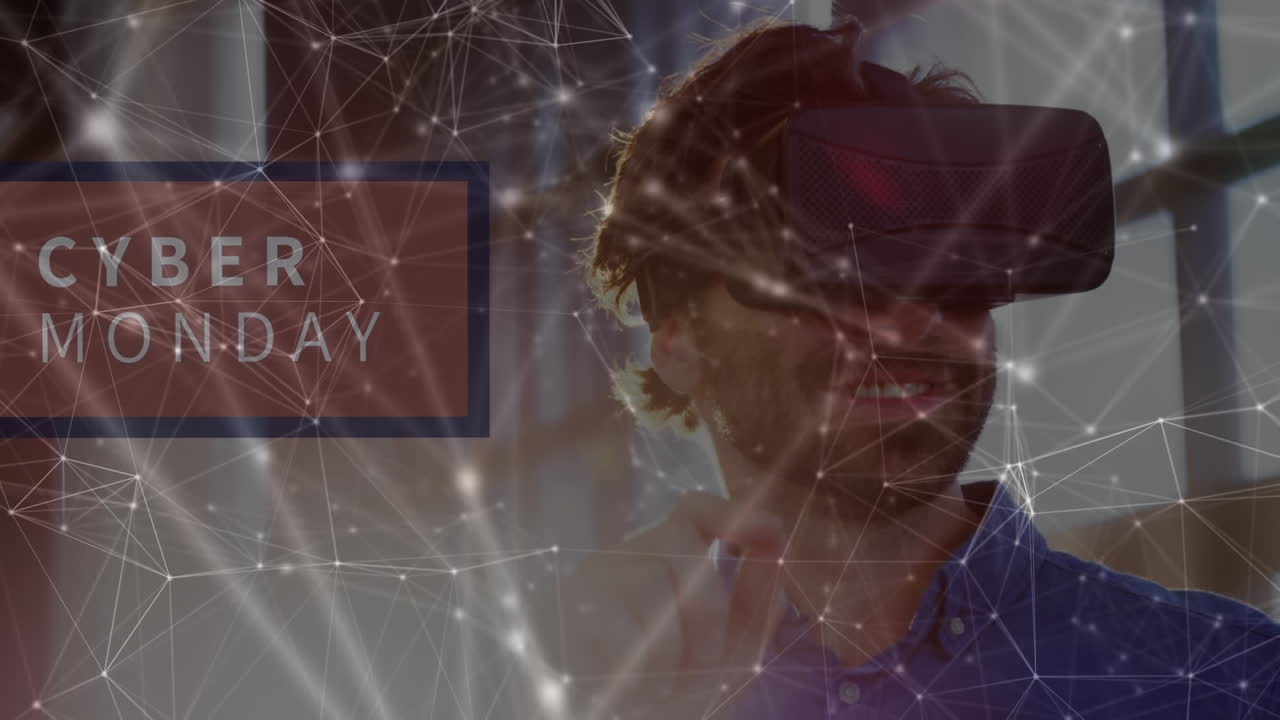 Animation of cyber monday text and network of connections over man wearing vr headset