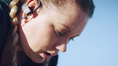 woman, music earphones or tired in workout