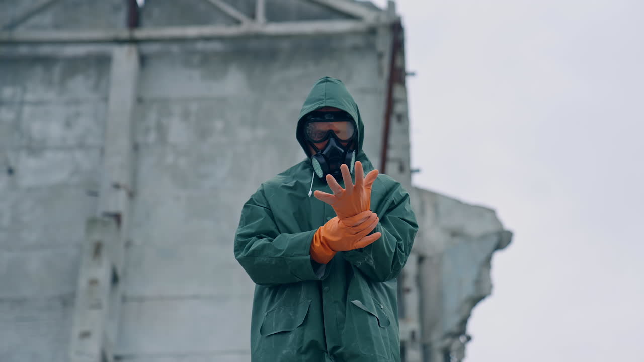 Man in protective mask and safety hazmat. Scientist working on quarantine in protective uniform.