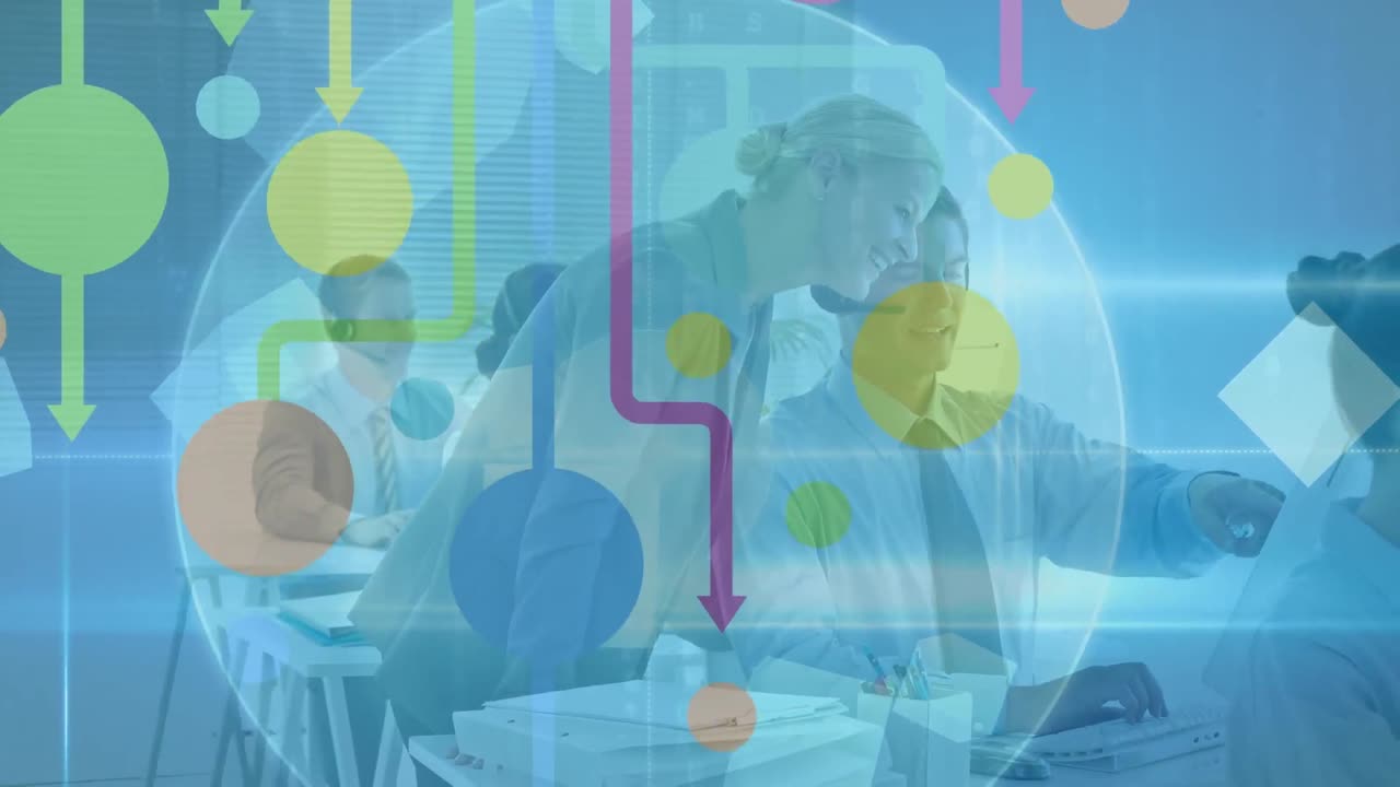 사무실에서 일하는 백인 남성과 여성 고객 서비스 임원에 대한 디지털 아이콘 네트워크