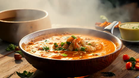 delicious shrimp soup served in rustic bowl on wooden table at sunset