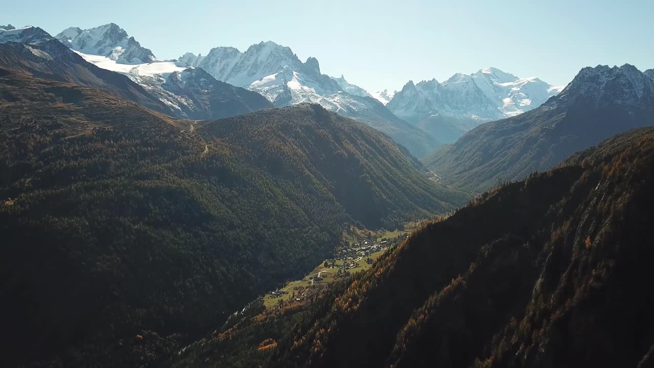 Aerial view of Barrage d'Émosson, with views to Mont Blanc in Switzerland.