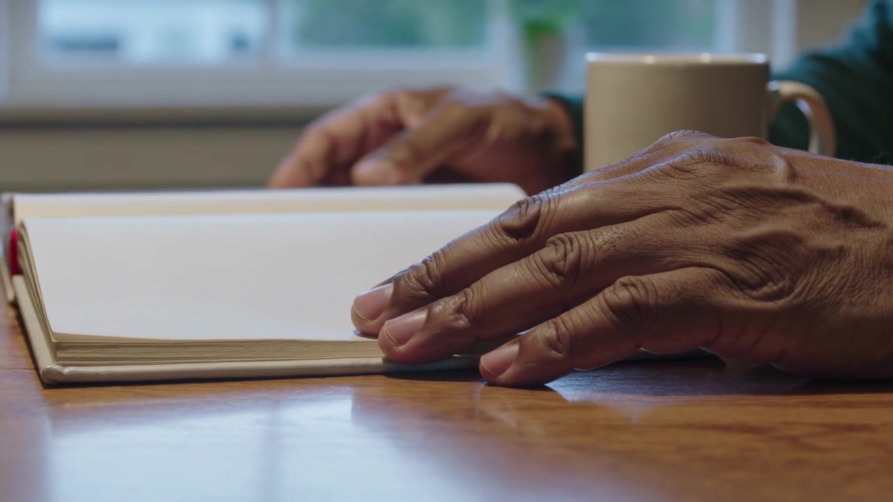 Entering hands in teal sleeve picking notebook at home table with mug, preparing to write