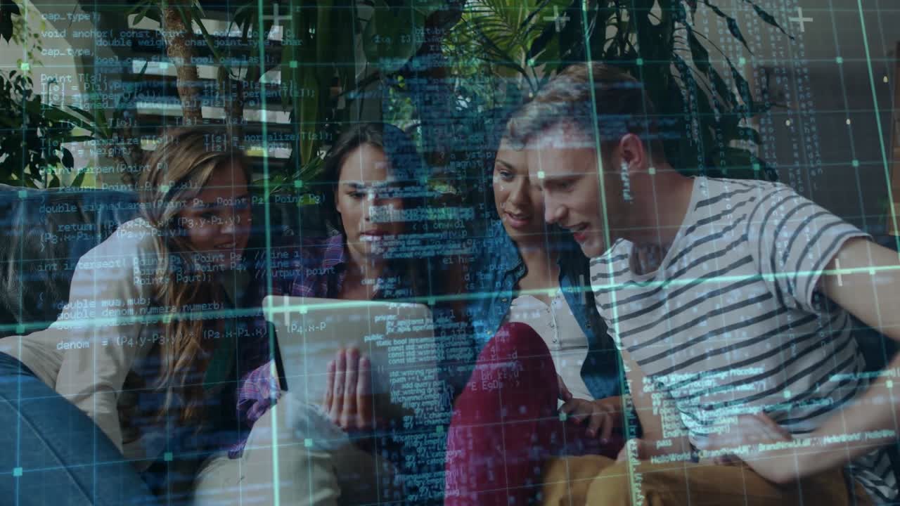 Diverse group of friends using tablet with digital data overlay animation
