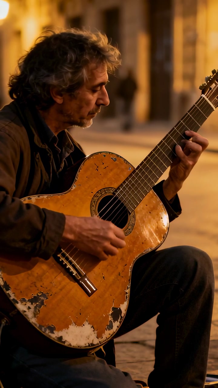 Vertical video: Starting busker strumming worn guitar at evening plaza, performing for passersby