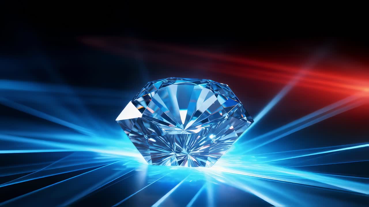 Blue and red light trails illuminate a large faceted diamond shining on a dark reflective surface, creating a luxurious and glamorous atmosphere