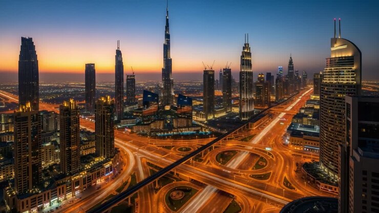 Paysage urbain de Dubaï au crépuscule avec des gratte-ciel et des autoroutes illuminés
