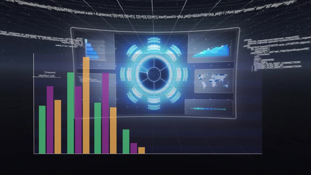 Scene opening showing 3D dashboard rising bars, expanding rings, scrolling code visualizing data