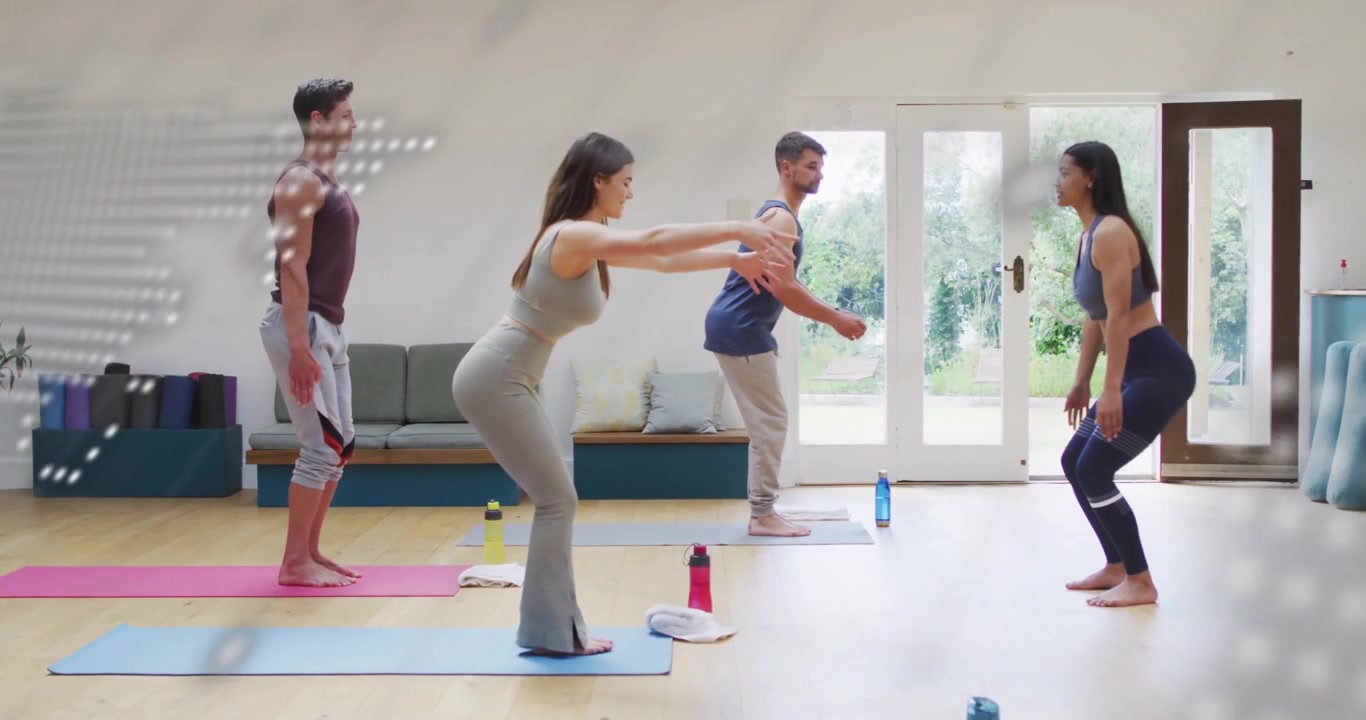 Animation of world map and processing data over diverse female instructor and yoga class