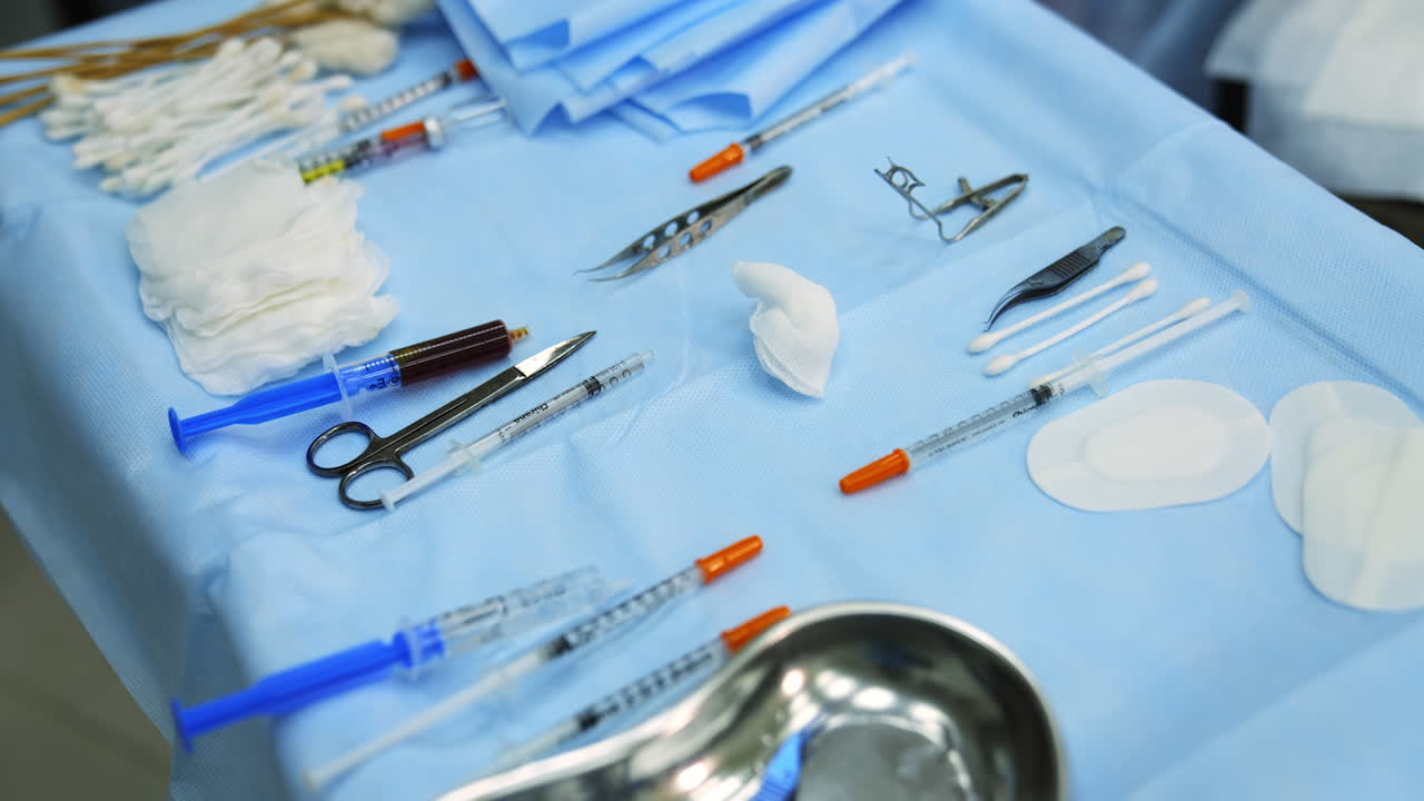Close up of the surgical instruments. Scalpel and scissors and syringes and needles and clamps. Instruments for the operation.