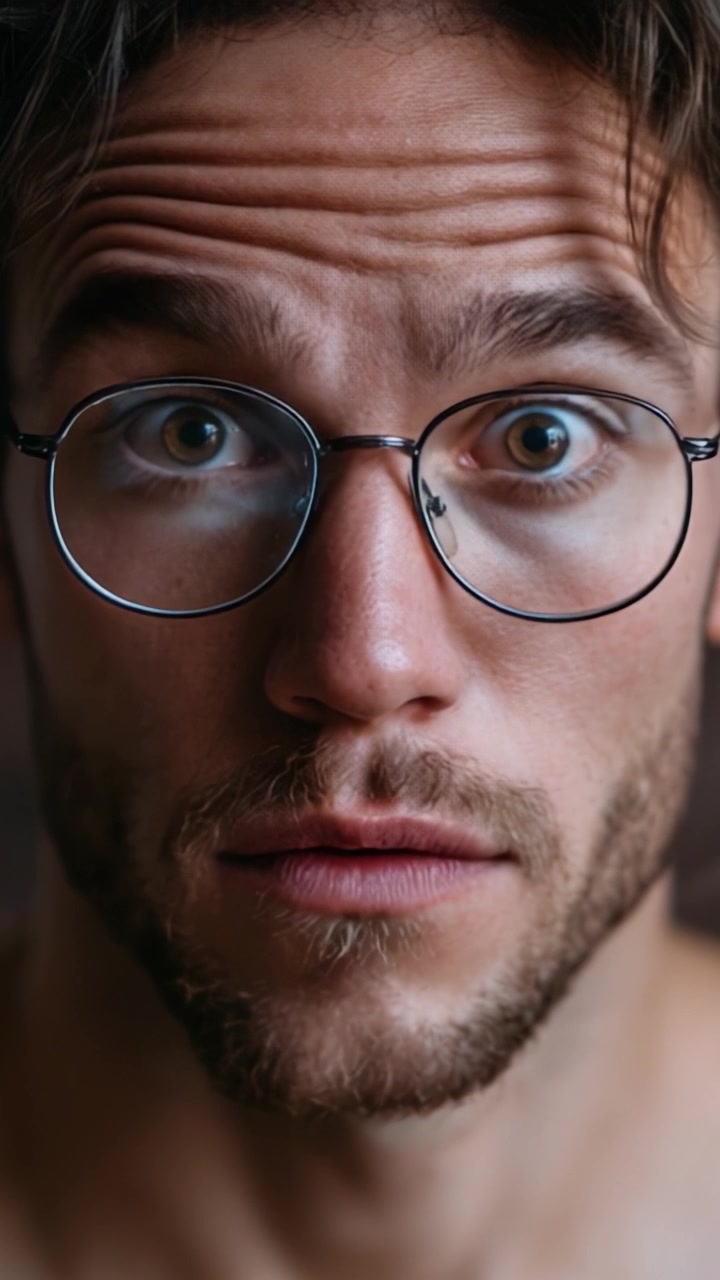 Emozioni intense catturate: un primo piano del volto di un uomo che evidenzia sorpresa e curiosità, mostrando tratti espressivi e uno stile unico con gli occhiali.