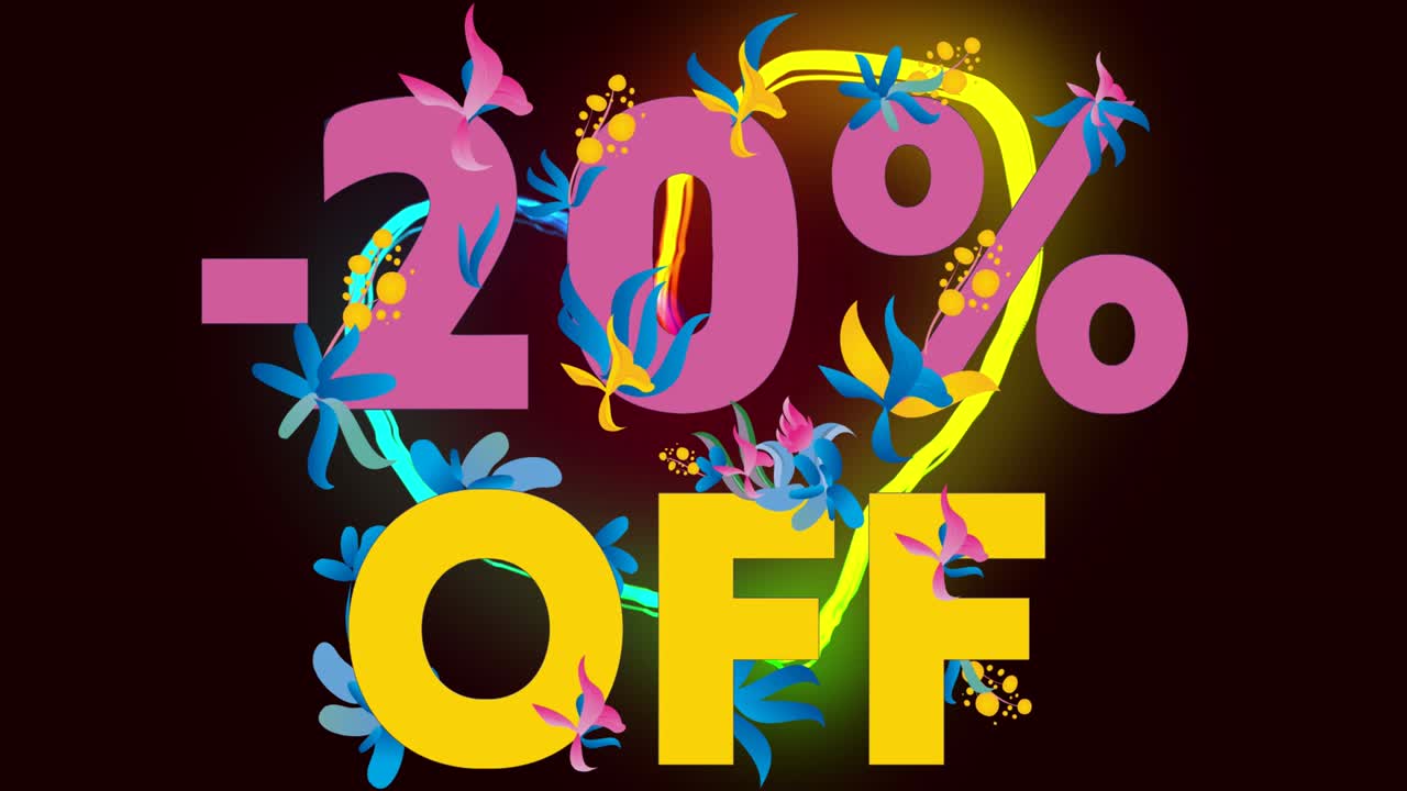 animación de corazón de neón y un 20% de descuento con flores sobre fondo negro