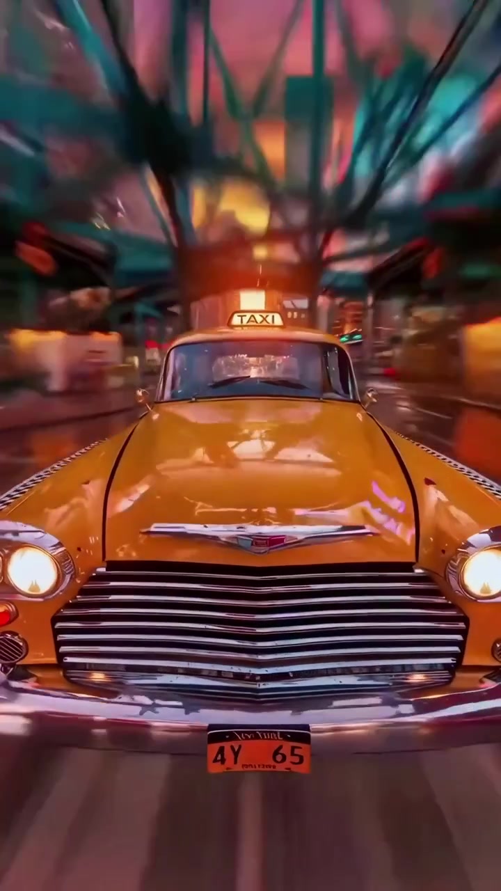 Vintage gelbes Taxi fährt bei Sonnenuntergang durch eine lebendige Stadt