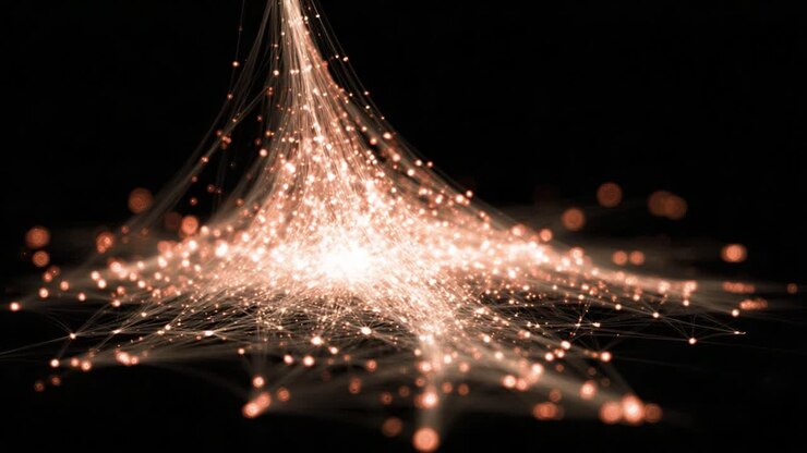 Una rappresentazione visivamente straordinaria di complesse strutture cosmiche con punti luce che si irradiano da una sorgente centrale su uno sfondo scuro
