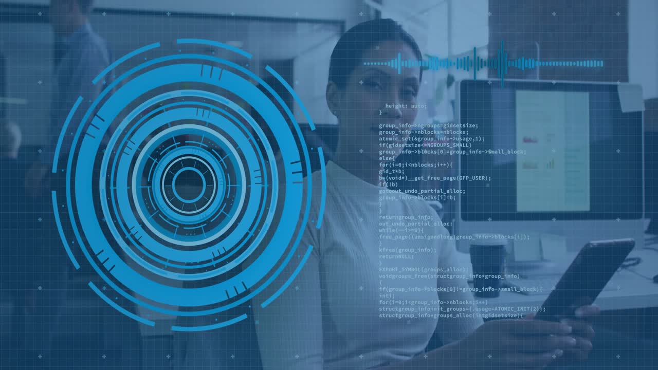 Seated woman tapping tablet in tech office causing static HUD and scrolling code while viewing data