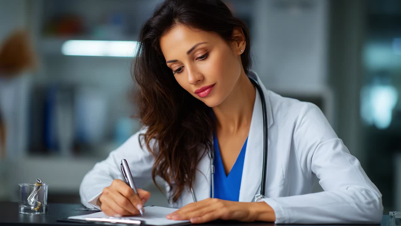 A focused healthcare professional diligently writing notes, showcasing the dedication and essential skills of a medical practitioner in a modern clinical setting, emphasizing professionalism and compassion