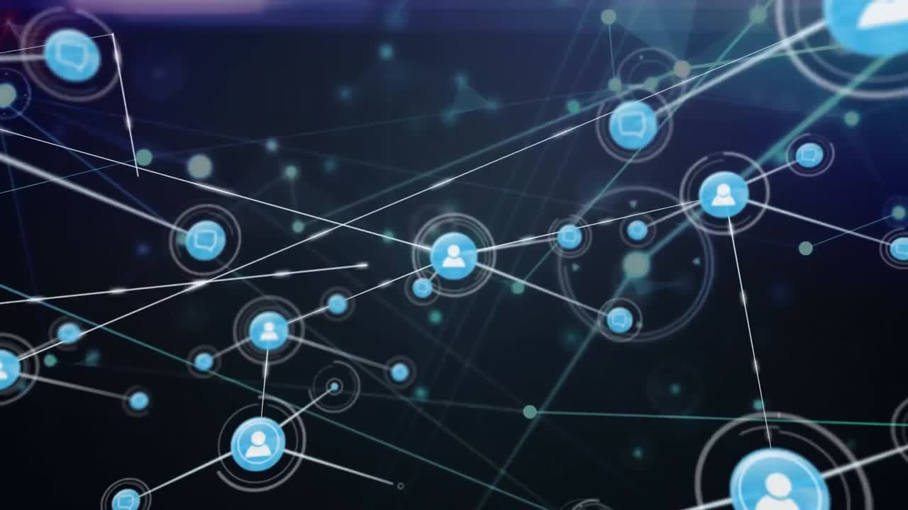 animación de una red de iconos digitales sobre senderos de luz contra un fondo púrpura.