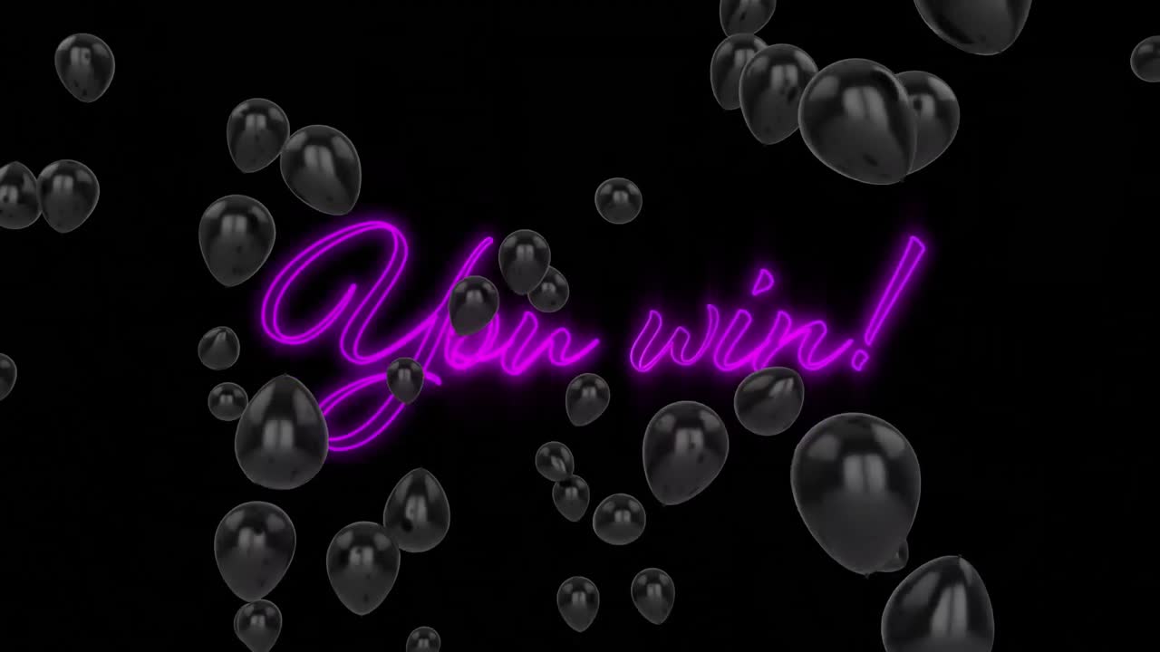 varios globos negros flotando sobre neón púrpura usted gana cartel de texto contra fondo negro