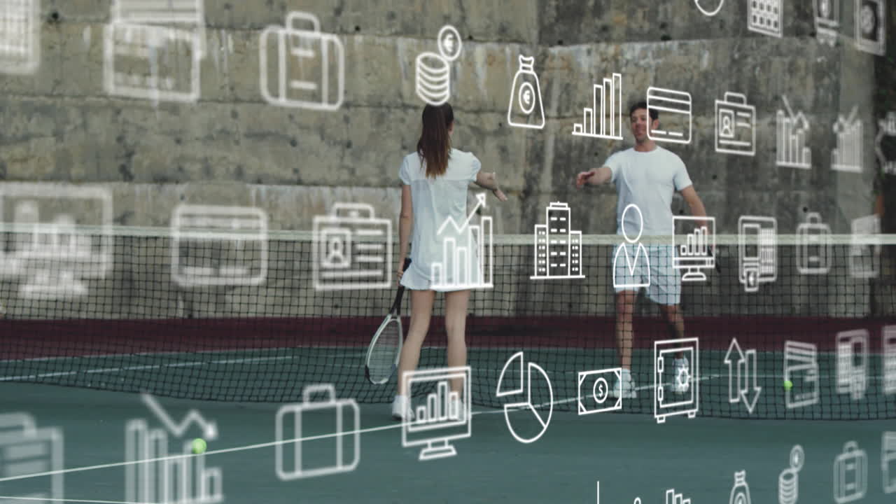 Male and female tennis partners shaking hands on hardcourt, displaying floating finance icons