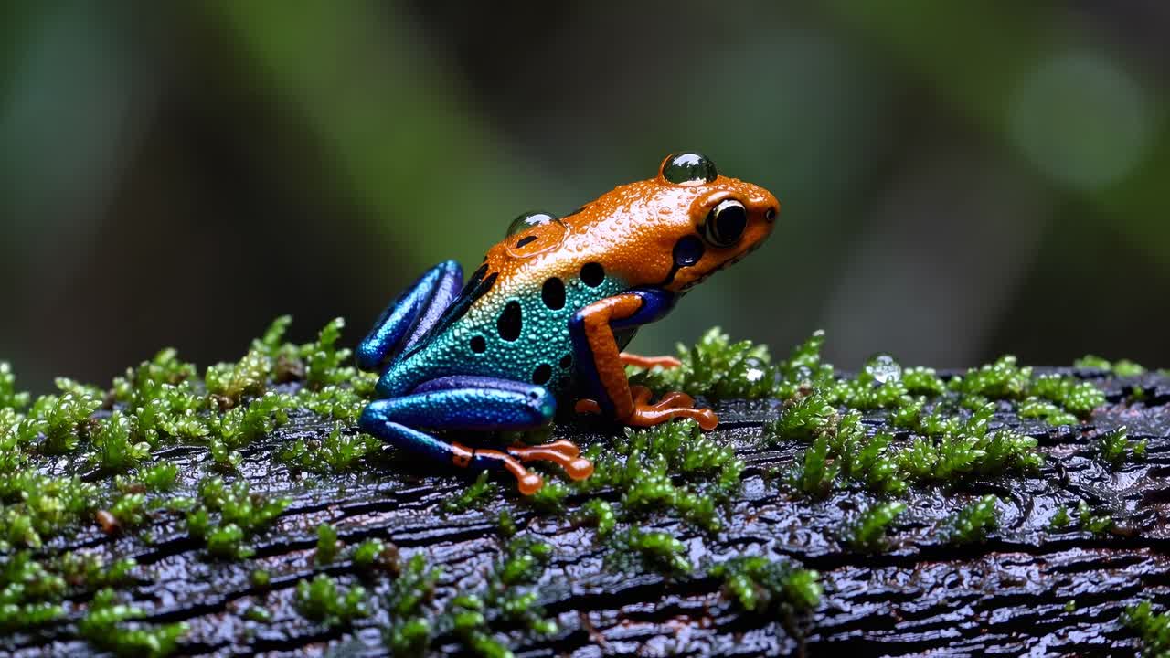 Close-up video of a vibrant, colorful frog on mossy bark, shot from a side angle