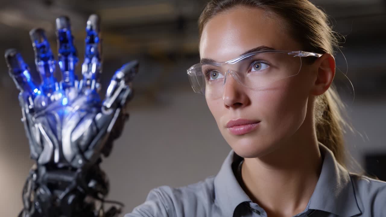 A skilled technician examines an advanced robotic hand, showcasing cutting-edge technology and human-robot interaction in a modern workspace filled with innovation and potential for the future