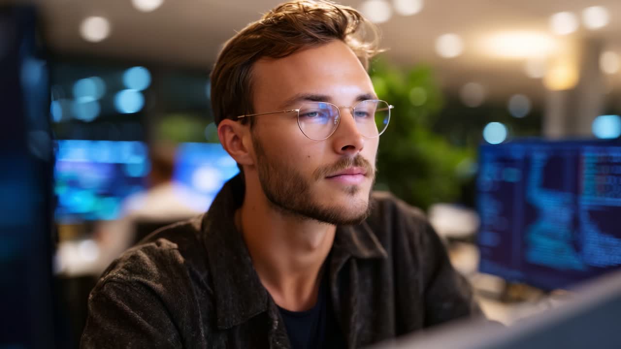 Focused Professional in Modern Workspace Analyzes Data on Multiple Monitors Surrounded by Technology, Emphasizing Concentration and Productivity at Work