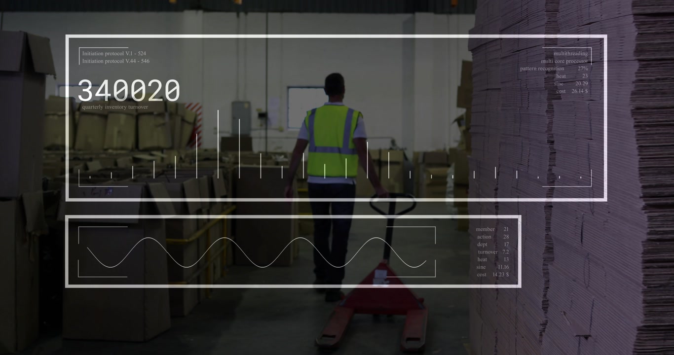 Warehouse worker pulling red pallet jack down aisle, moving stock to exit, HUD counters updating