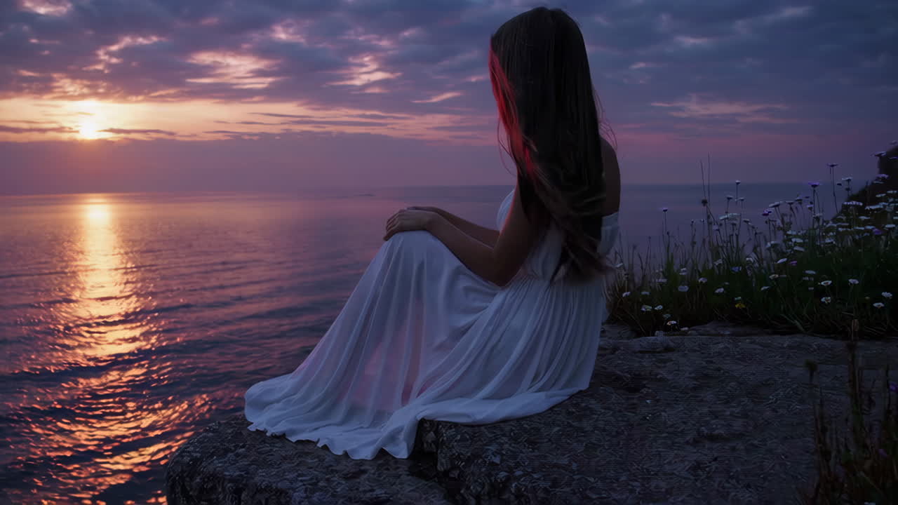 Woman in White Dress at Sunset on Cliff