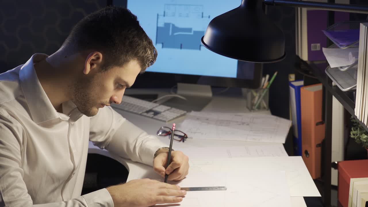 Renovation of home interior, Interior designer looks at perspective drawings and makes plans.