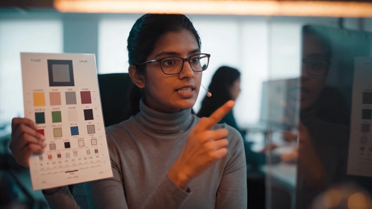 Focused professional analyzing color swatches in an office environment, showcasing concentration and collaboration in a creative workspace.
