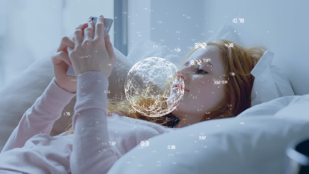 디지털 글로브의 애니메이션과 스마트 폰을 사용하는 여성에 대한 데이터 처리