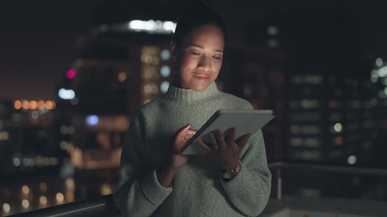 Tablet, night and smile with black woman in city