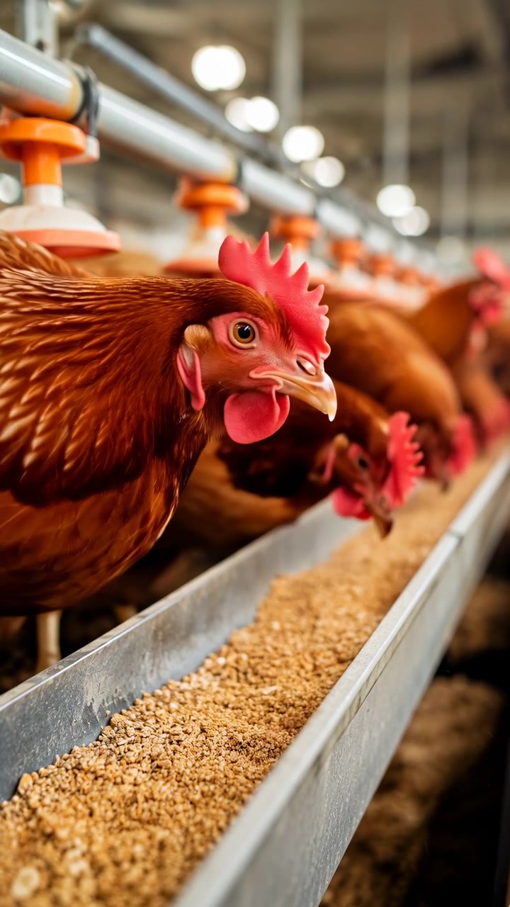 Middle-early sequence in a poultry house showing brown hens feeding from a long metal trough of grain, with the main bird in the left foreground and the flock
