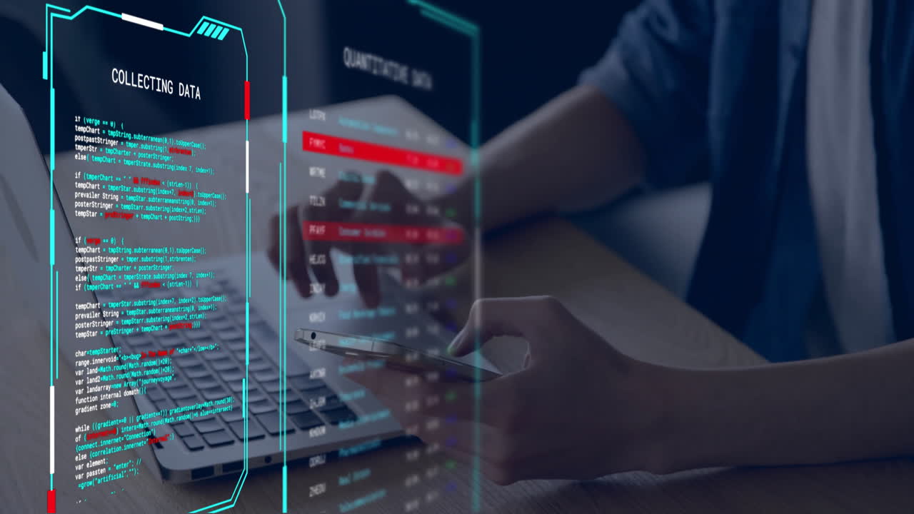 animación de procesamiento de datos digitales en pantallas sobre hombre biracial usando portátil