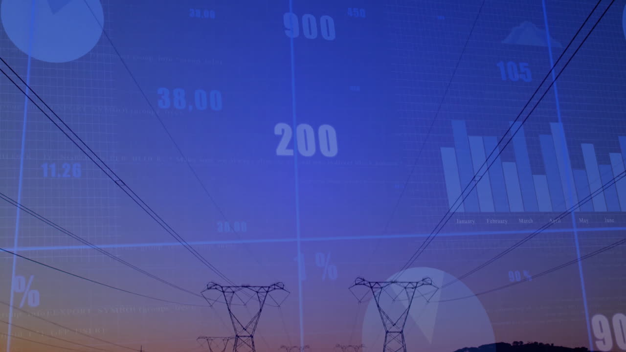 Financial data charts overlaying power lines silhouetted against sunset sky