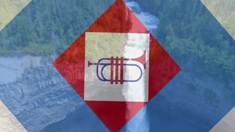 animación de cuadrados y trompeta en rojo, blanco y azul de la bandera de américa sobre el bosque y la cascada