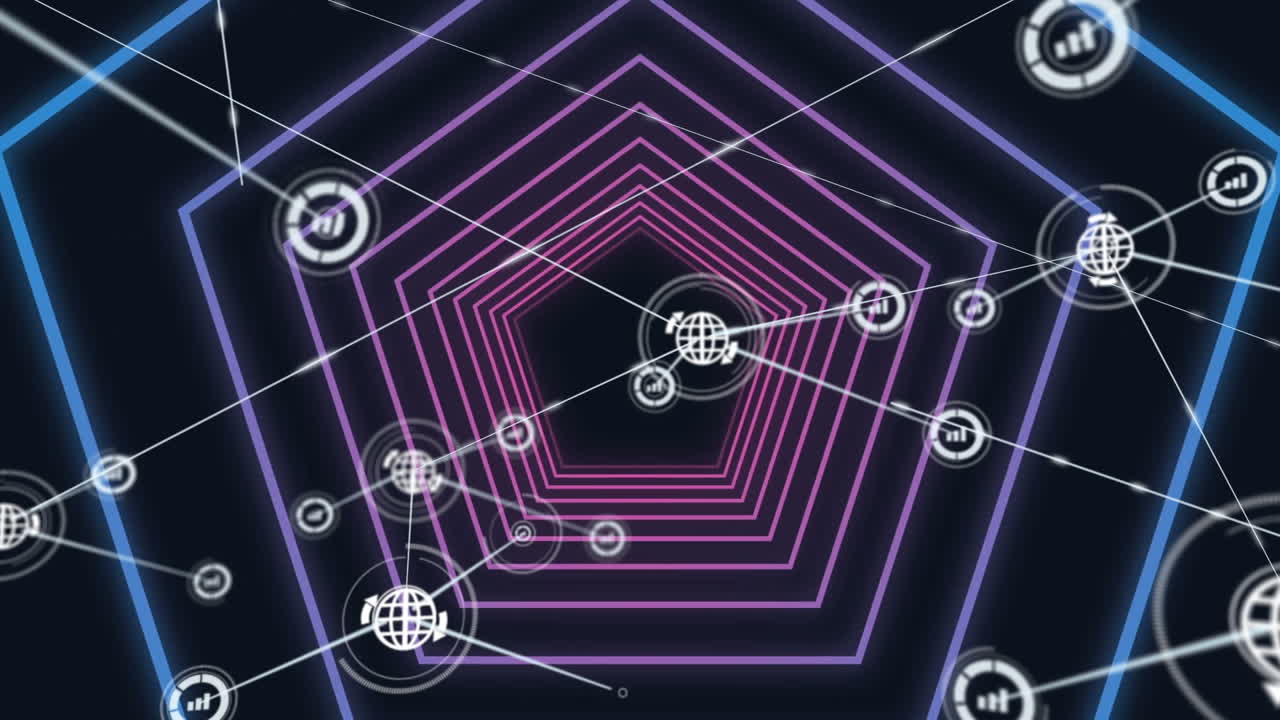 검은 바탕에 보라색 빛나는 육각형 터널에 대한 디지털 아이콘의 네트워크