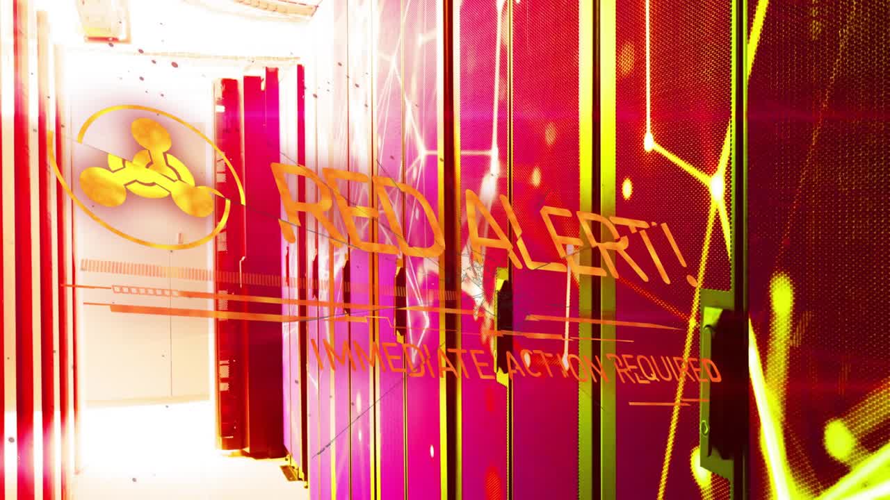 Server racks glowing warning icon fading in network pulsing alerts emerging signaling response