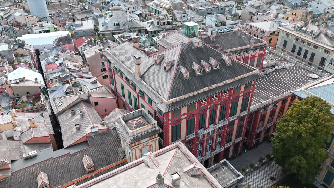 Iconic Palazzo Rosso house museum on Via Garibaldi in Genoa, Italy. Aerial