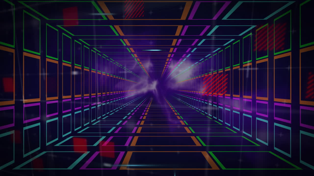 túnel geométrico colorido con líneas brillantes y efectos de luz, animación futurista