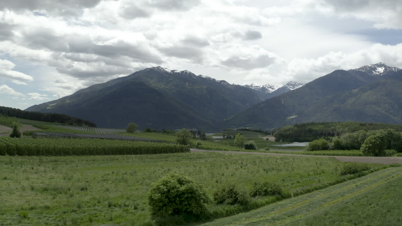 Rigogliosi prati alpini della valle delle Dolomiti, panorama sereno, vista aerea.
