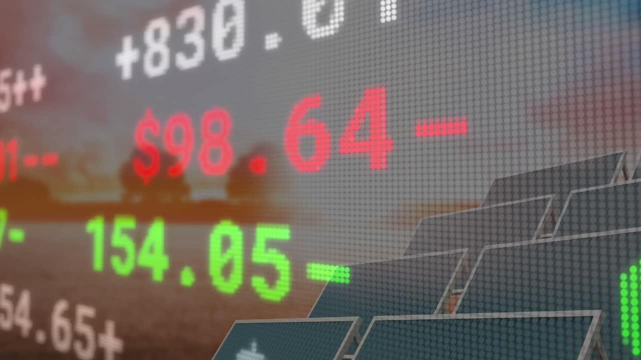 animación de datos financieros y gráficos sobre paneles solares