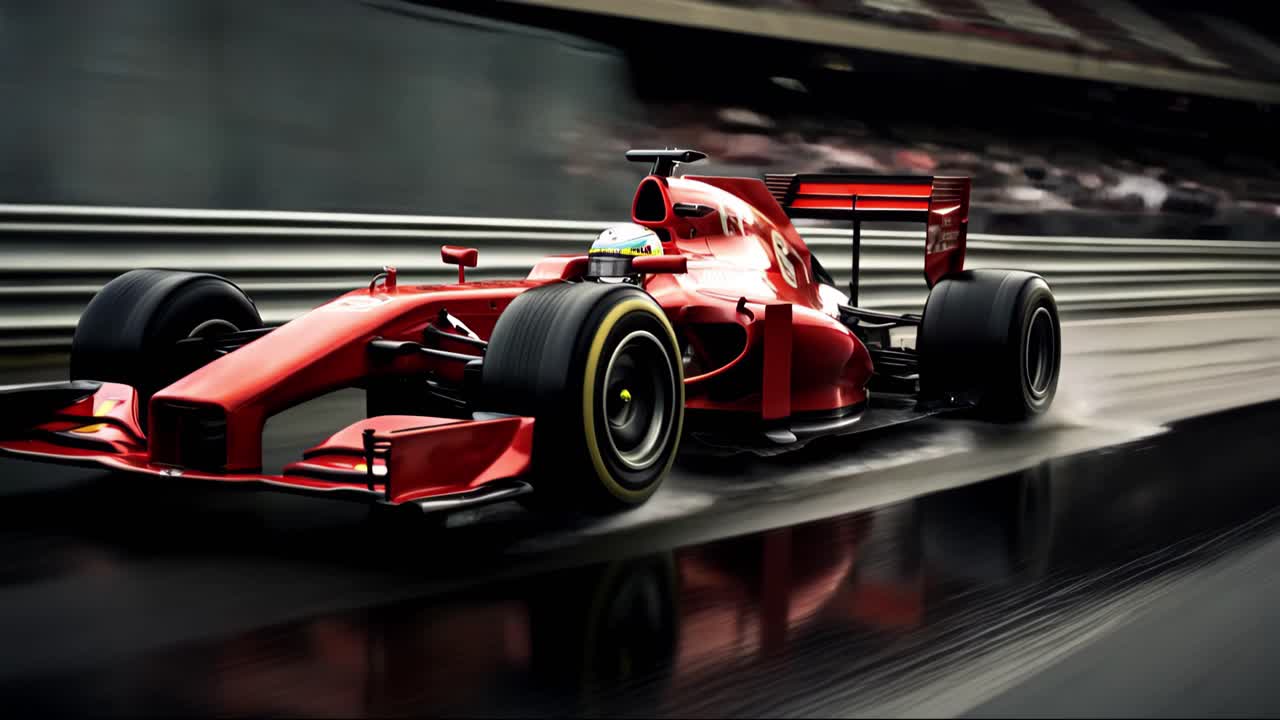 Red race car speeding on a wet racetrack with water spraying behind, showcasing dynamic motion