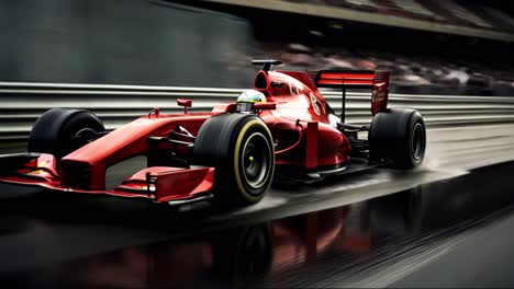 red race car speeding on a wet racetrack with water spraying behind, showcasing dynamic motion