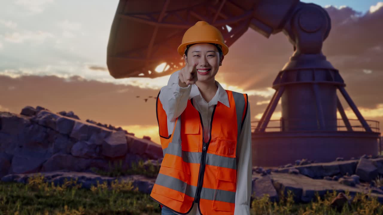 Asian Female Engineer With Safety Helmet Smiling And Touching Her Chest Then Pointing At You While Standing With Large Satellite Dish